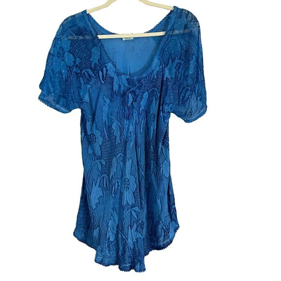Vintage Floral Lace Top M Blue Coastal Boho Western Hippie Classic 80s Indie - Picture 1 of 15